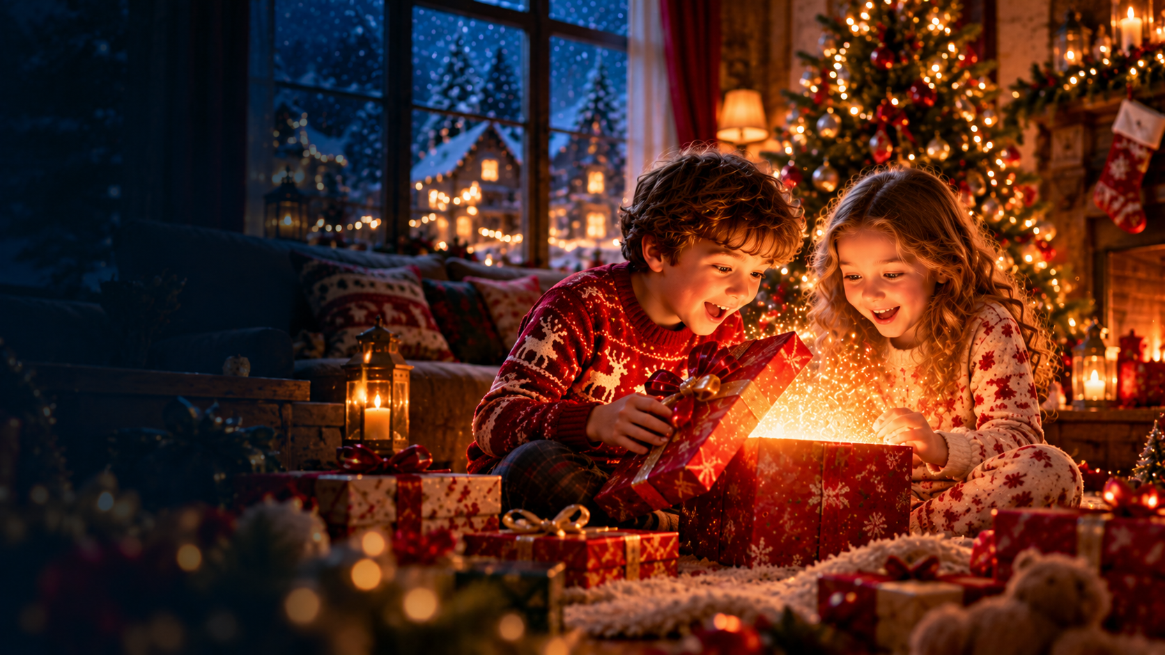 Children opening a magical Christmas gift